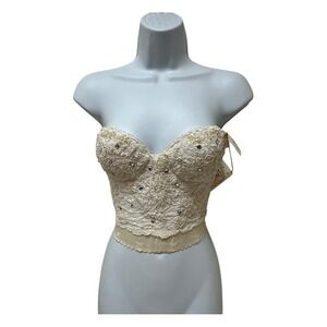 Best Friends Vintage Bridal Corset Bustier Top Ivory Lace Pearl Rhinestone NWT